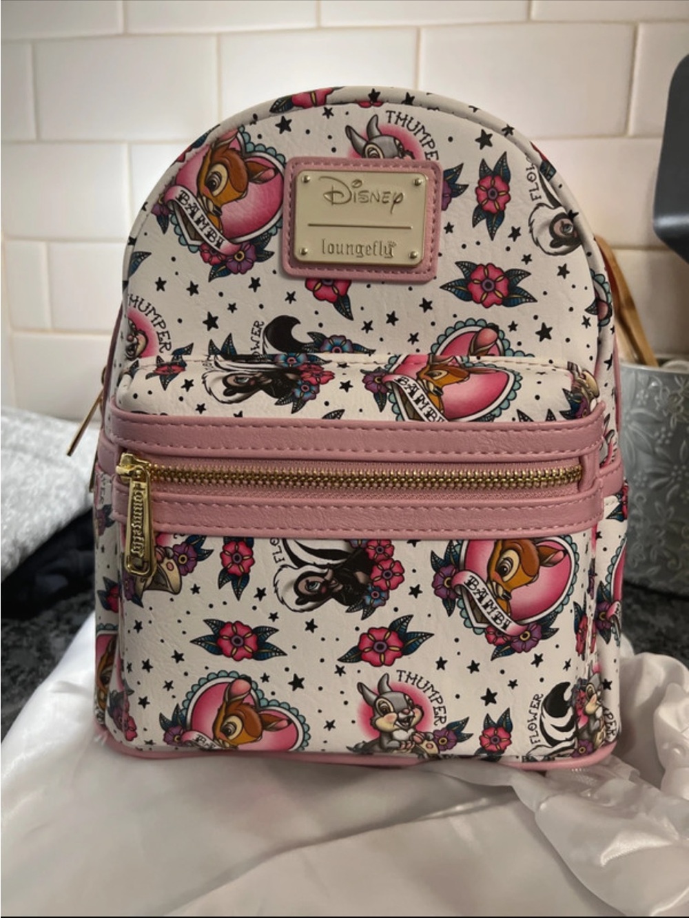 Loungefly White & Pink Bambi & Friends Floral Mini Backpack